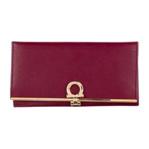 Salvatore Ferragamo Red Leather Vara Bow Wallet with Gold Bar Accent